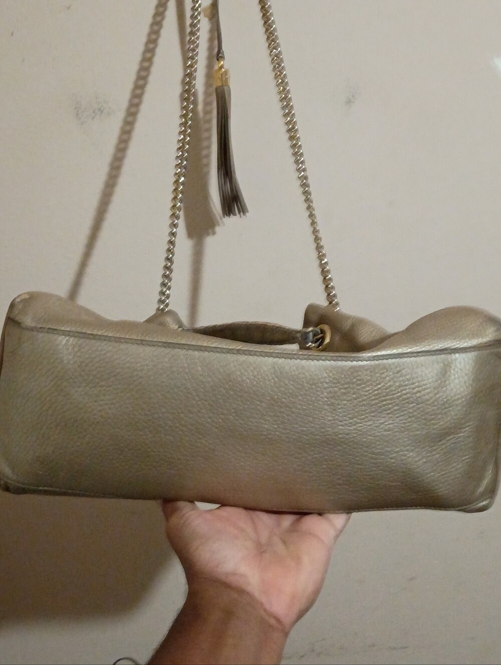 Gold Leather Shoulder Bag with Tassel Chain Strap - Picture 7 of 16